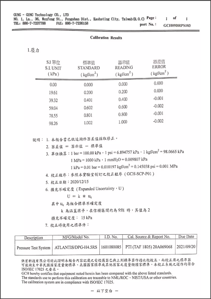 the quipment calibration repoet of SJ Gauge's sanitary diaphragm seal pressure gauge 