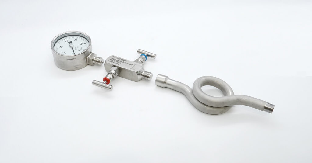 Laser-welded stainless steel pressure gauge with valve and siphon for high-temperature lines and on-site maintenance.