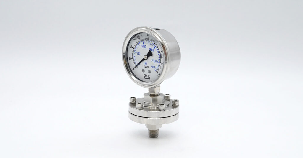 This 62mm direct-mount diaphragm gauge features bolted stainless steel for corrosive media protection.