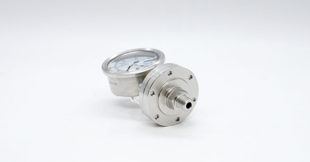 This 62mm direct-mount diaphragm gauge features all-welded stainless steel for corrosive media protection.
