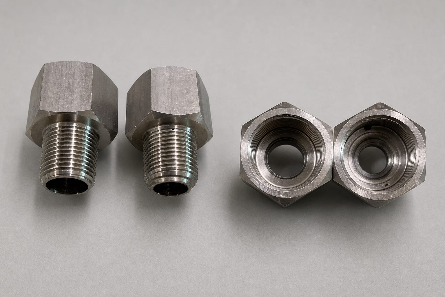 Adaptor ulir baja tahan karat untuk manometer yang menampilkan sambungan ulir luar dan ulir dalam