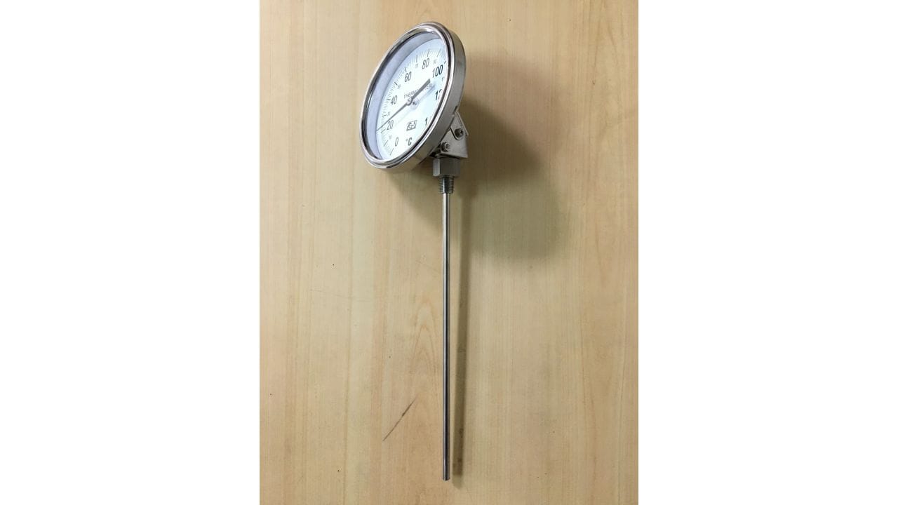 Long-stem industrial thermometer illustrating adequate insertion depth