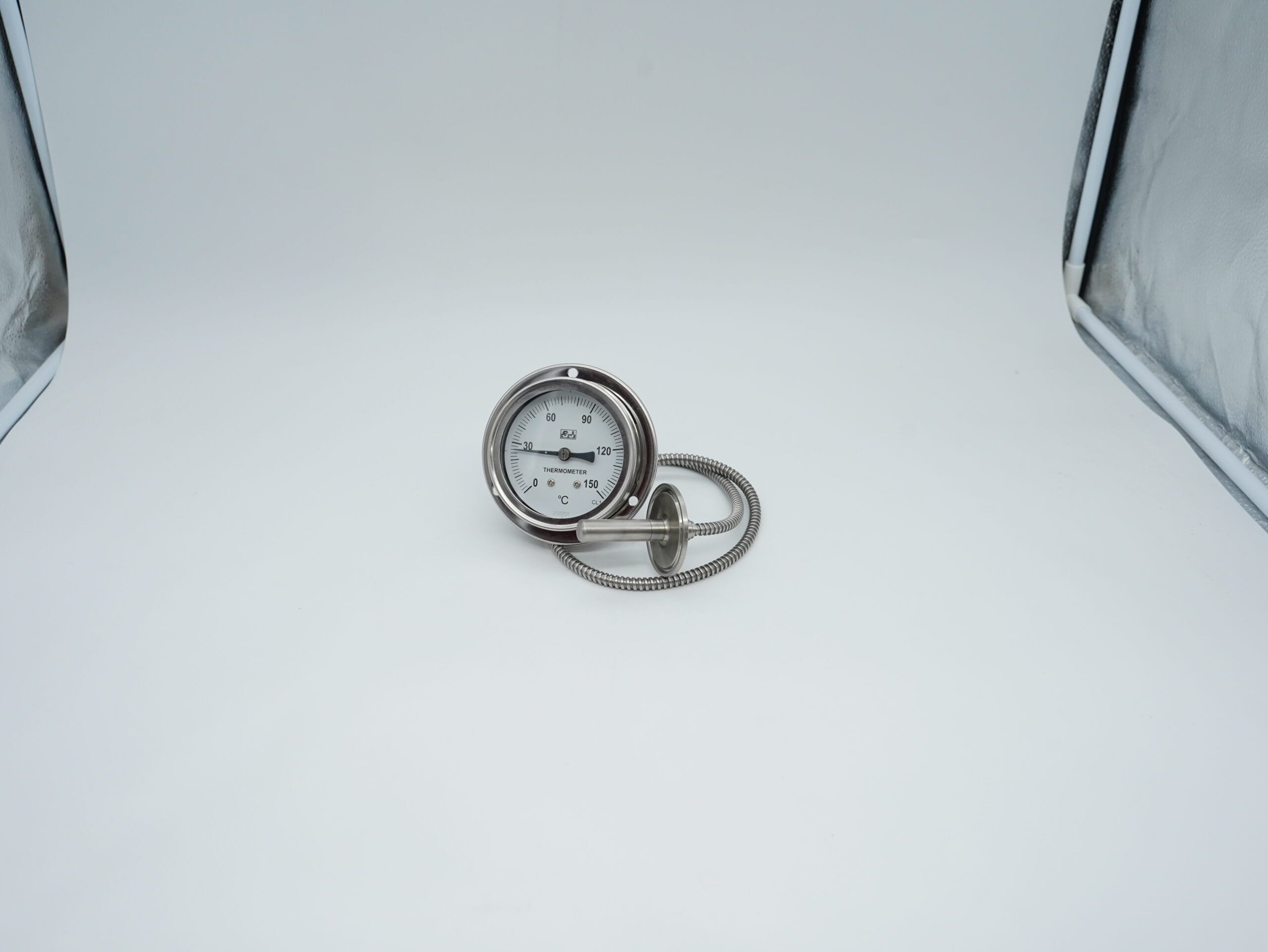 SJ Gauge capillary thermometer showing the dial, capillary and sensing bulb