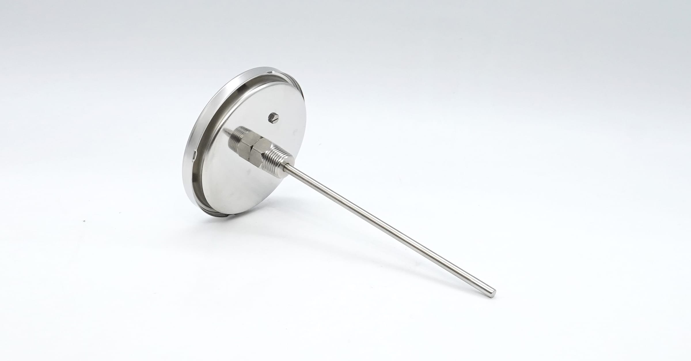 Rear view of an industrial thermometer showing its long sensing stem and threaded process connection