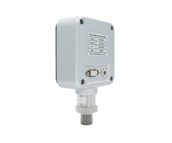 Đồng hồ đo áp suất kỹ thuật số SJ Gauge PRD-108, mặt sau, có giao diện RS232. SJ Gauge PRD-108 digital pressure gauge, rear view with RS232 interface